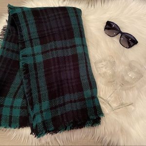 LOFT Teal Grey Black Plaid Blanket Scarf